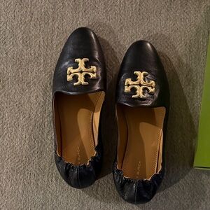 Tory Burch Black Leather Flats with Gold Logo
